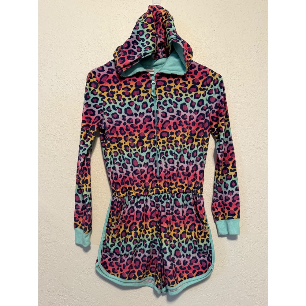Cat & Jack Girls Rainbow Leopard Print Hooded Romper Sleepwear Size L 10/12